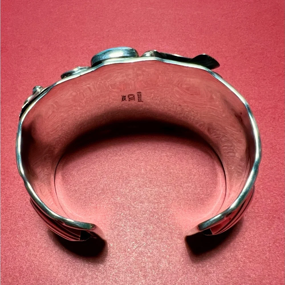 Vintage sterling silver Cuff Bracelet c11 925 Mexico Flower design/ turquoise - Picture 8 of 16